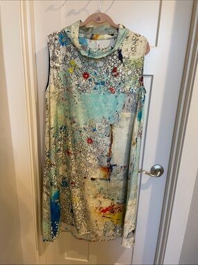 Sleeveless Floral Abstract Cowl Neck Dress in Aqua